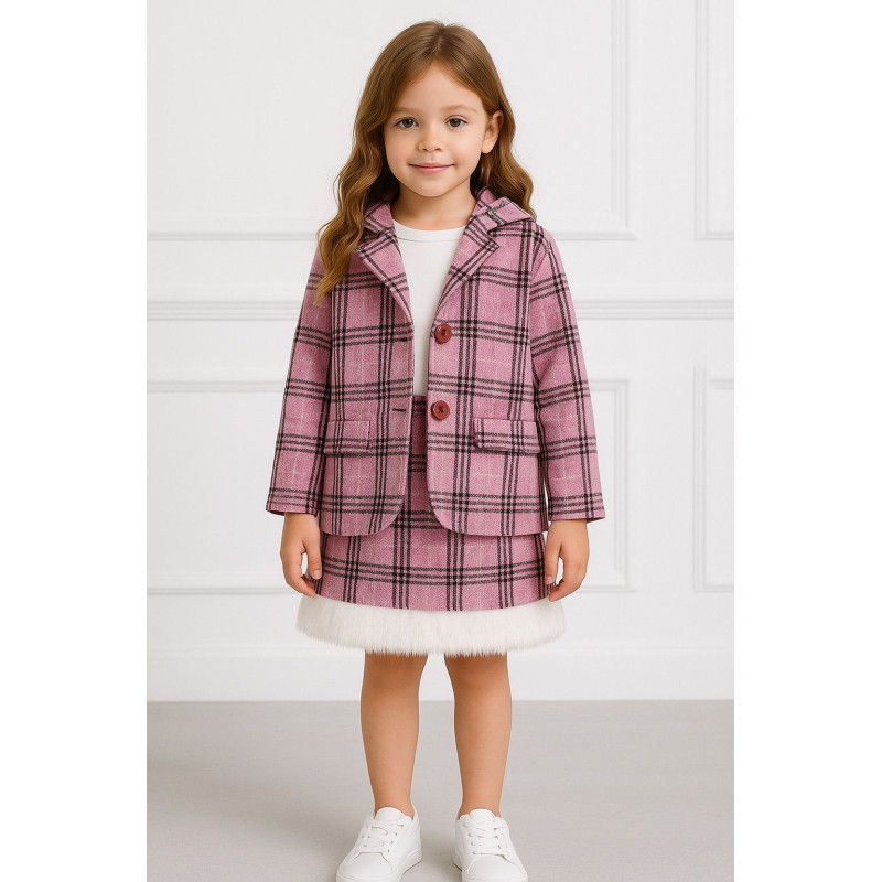 Girls' Pink Checkered Skirt & Blazer Set Girls' Pink Checkered Skirt & Blazer Set