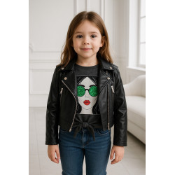 Ensemble Fille Veste en Similicuir & T-shirt Court Imprimé