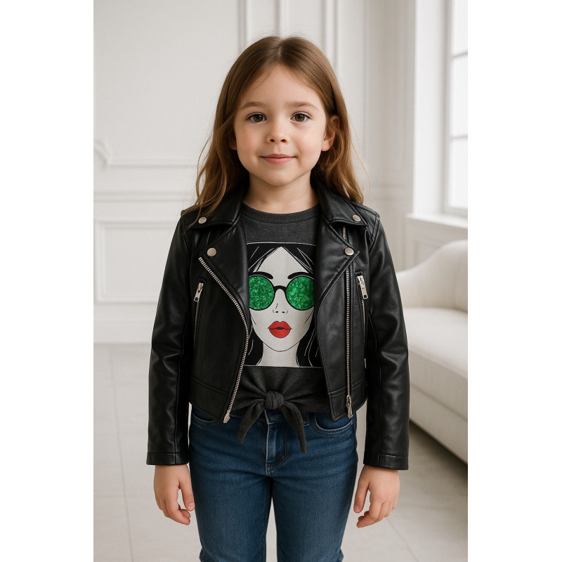 Girls' Faux Leather Jacket & Graphic Crop T-Shirt Set Girls' Faux Leather Jacket & Graphic Crop T-Shirt Set